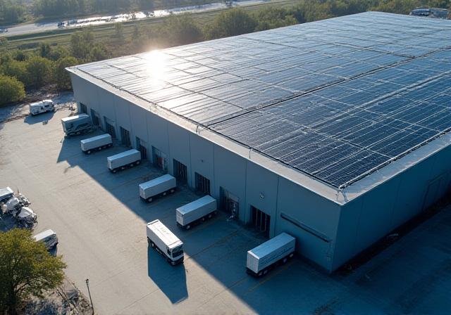 Modern logistics hub with solar panel roof