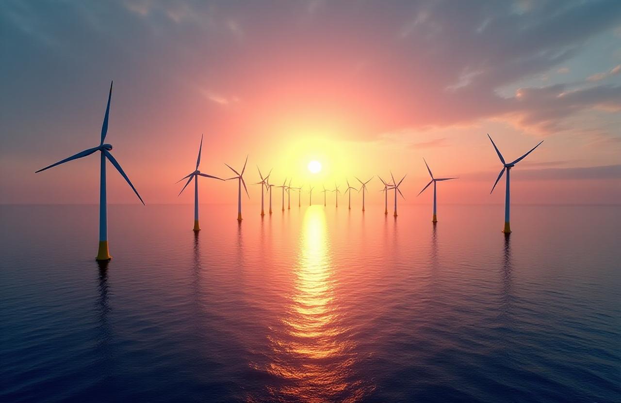 Panoramic view of a sustainable wind farm at dawn